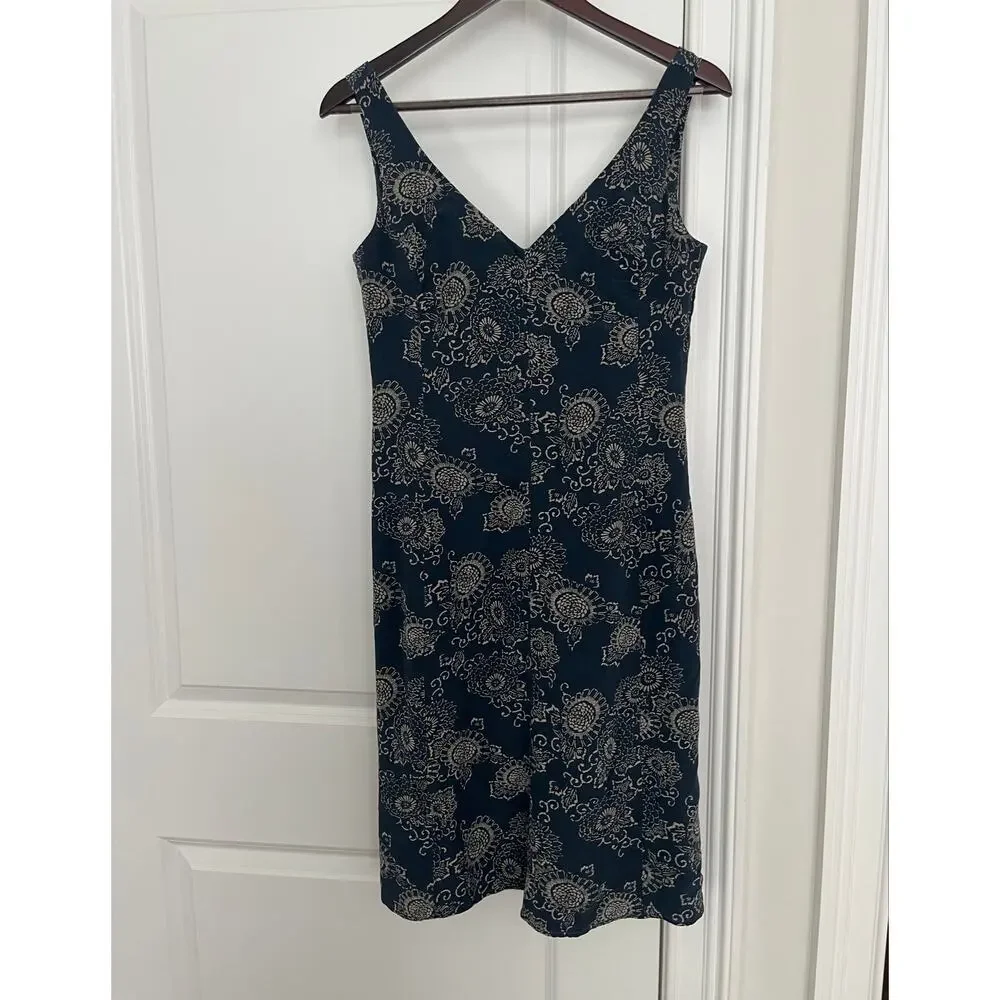 VTG J Crew 100% Silk Dress Blue Sunflower Floral Medallion Midi Slip 90s Sz. S